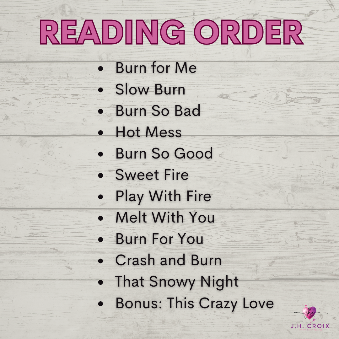 List of romantic books by J.H. Croix with reading order on a rustic background.