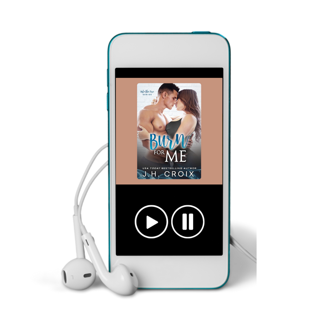 Blue digital audiobook player displaying 'Burn for Me' by J.H. Croix with white earbuds.