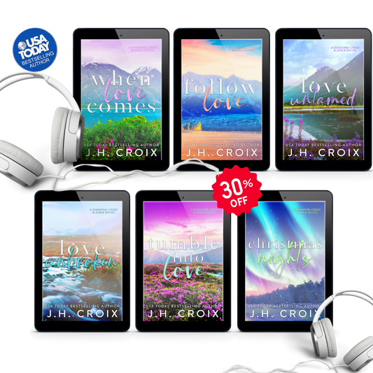 Six eBooks by J.H. Croix featuring colorful covers and headphones, 30% off sale, Diamond Creek Alaska series.