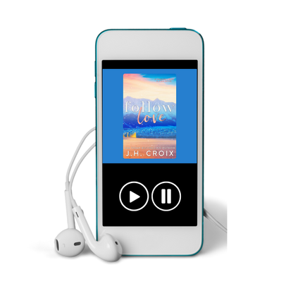 Blue digital music player displaying 'Follow Love' by J.H. Croix with white earphones.