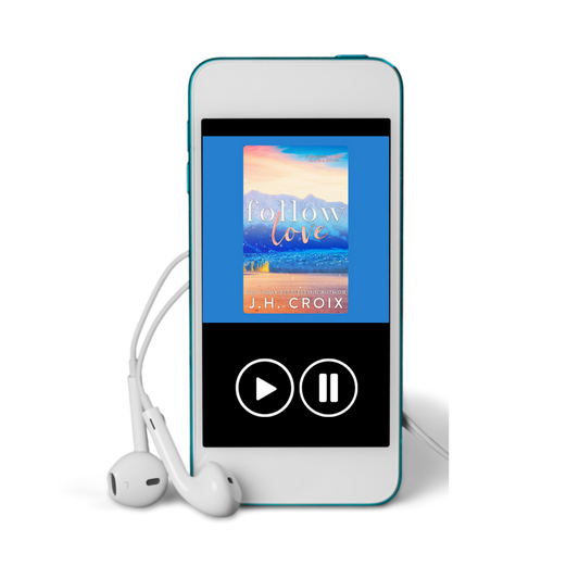 Blue digital music player displaying 'Follow Love' by J.H. Croix with white earphones.