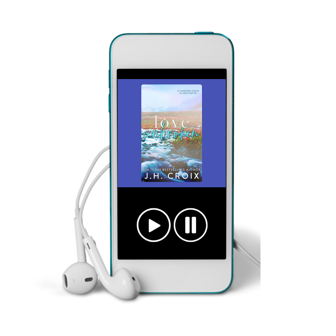 Audio player with white earbuds, showcasing 'Love Tetchproken' by J.H. Croix on a colorful display.