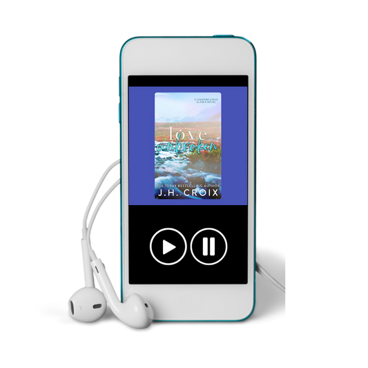 Audio player with white earbuds, showcasing 'Love Tetchproken' by J.H. Croix on a colorful display.