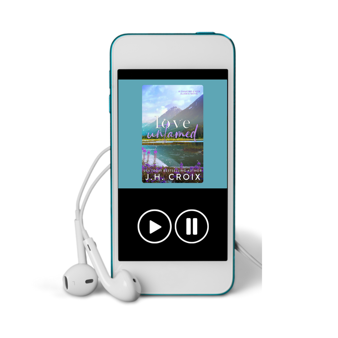 Blue MP3 player displaying 'Love Unchained' by J.H. Croix with white earbuds.