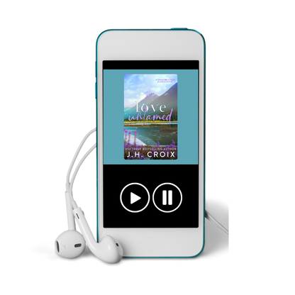 Blue MP3 player displaying 'Love Unchained' by J.H. Croix with white earbuds.