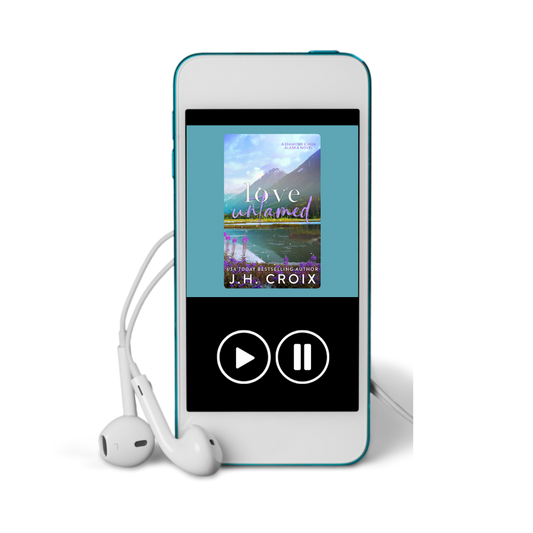 Blue MP3 player displaying 'Love Unchained' by J.H. Croix with white earbuds.