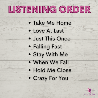Listening order of J.H. Croix romantic songs on a wood background.