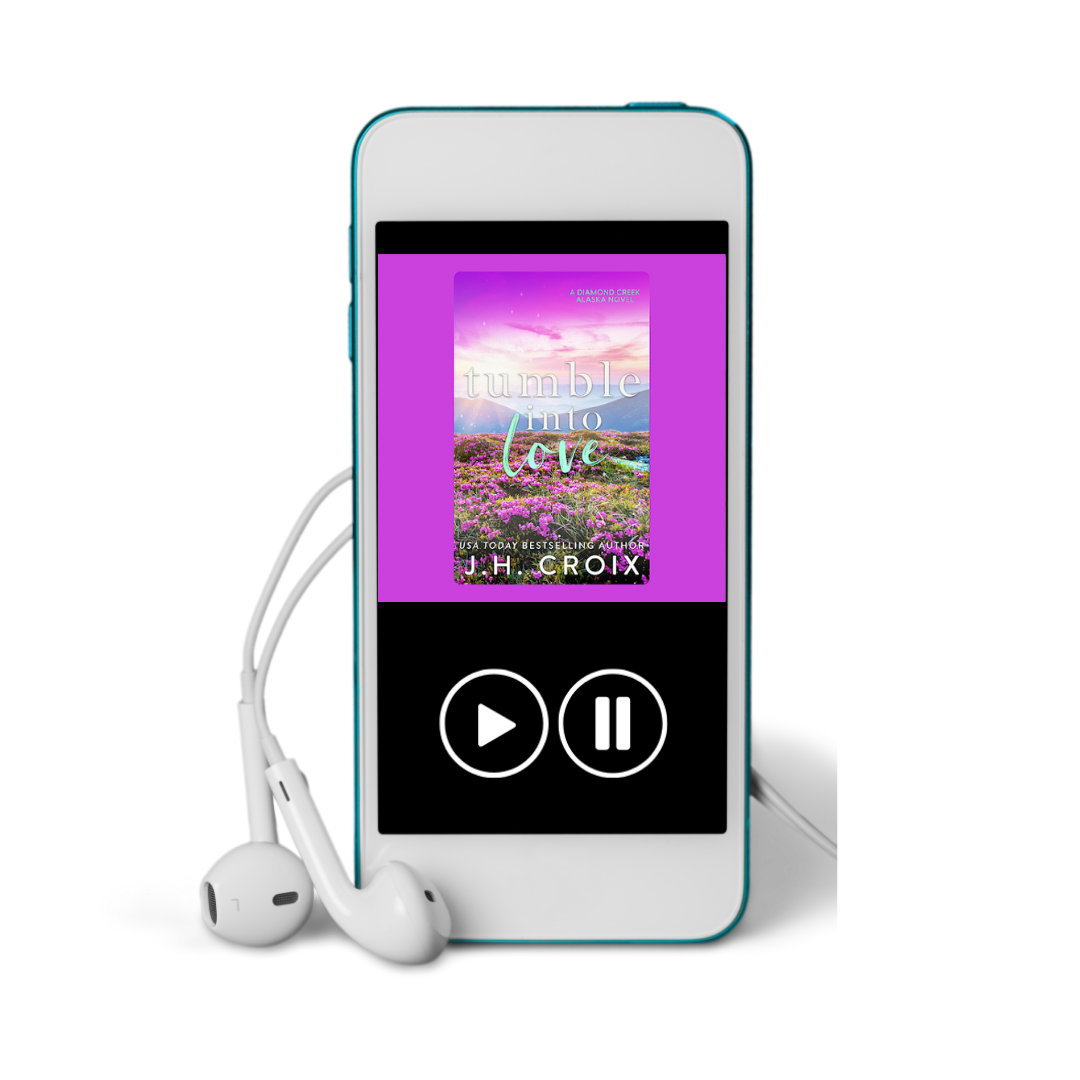 Blue audiobook player with white earbuds, displaying 'Tumble into Love' by J.H. Croix.