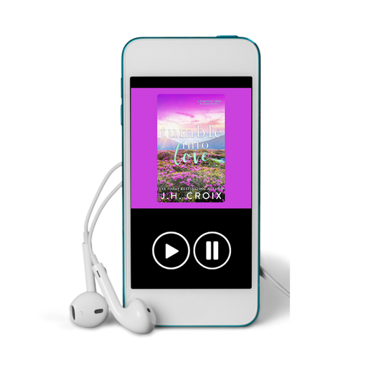 Blue audiobook player with white earbuds, displaying 'Tumble into Love' by J.H. Croix.