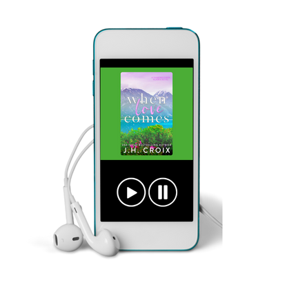 Blue digital audio player displaying 'When Love Comes' by J.H. Croix with white earbuds.