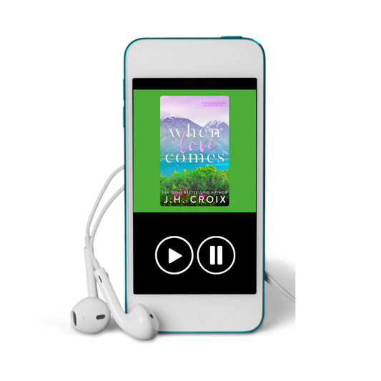 Blue digital audio player displaying 'When Love Comes' by J.H. Croix with white earbuds.